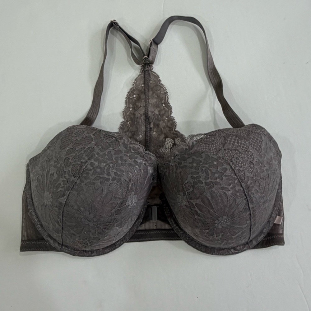 Victoria Secret Gray Lace Racerback Demi Bra Front Clasp Size 36 DD EUC Classic